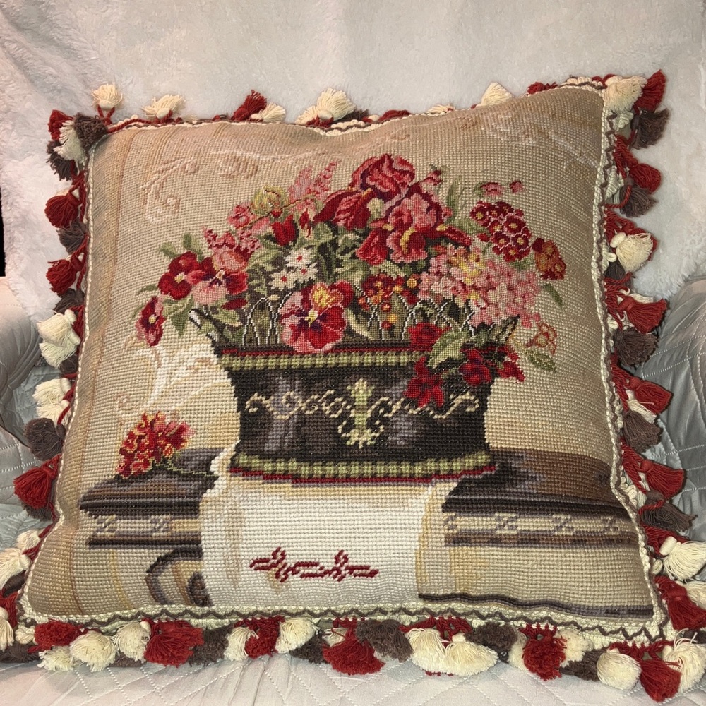 Two Vintage Needle Art floral  Pillows square